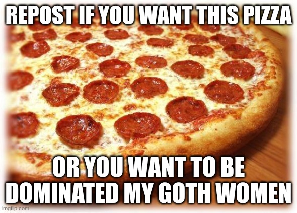 in this situation tho both dont sound bad | REPOST IF YOU WANT THIS PIZZA; OR YOU WANT TO BE DOMINATED MY GOTH WOMEN | image tagged in coming out pizza | made w/ Imgflip meme maker