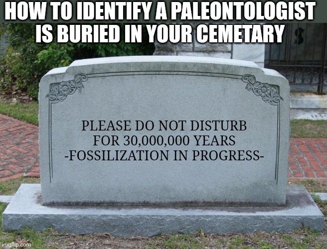 You can always tell when a paleontologist has snuck into your local cemetery | HOW TO IDENTIFY A PALEONTOLOGIST IS BURIED IN YOUR CEMETARY; PLEASE DO NOT DISTURB FOR 30,000,000 YEARS
-FOSSILIZATION IN PROGRESS- | image tagged in gravestone,old,cemetery,scientist,dinosaurs,history | made w/ Imgflip meme maker