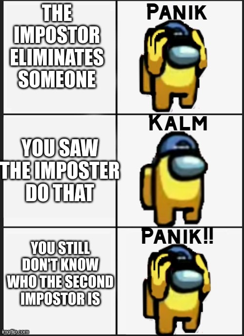 Among us Panik | THE IMPOSTOR ELIMINATES SOMEONE; YOU SAW THE IMPOSTER DO THAT; YOU STILL DON'T KNOW WHO THE SECOND IMPOSTOR IS | image tagged in among us panik | made w/ Imgflip meme maker