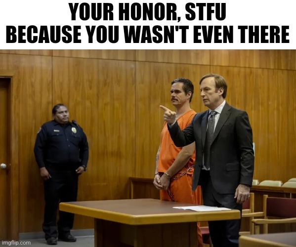 “Your Honor, My Client ___” | YOUR HONOR, STFU BECAUSE YOU WASN'T EVEN THERE | image tagged in your honor my client ___ | made w/ Imgflip meme maker