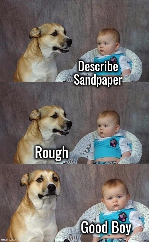 A Talking Dog ! | Describe Sandpaper; Rough; Good Boy | image tagged in dad joke dog 2,doggo,talking,well yes but actually no,easy question,still a better love story than twilight | made w/ Imgflip meme maker