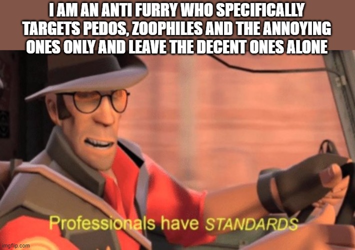Professionals have STANDARDS | I AM AN ANTI FURRY WHO SPECIFICALLY TARGETS PEDOS, ZOOPHILES AND THE ANNOYING ONES ONLY AND LEAVE THE DECENT ONES ALONE | image tagged in professionals have standards | made w/ Imgflip meme maker