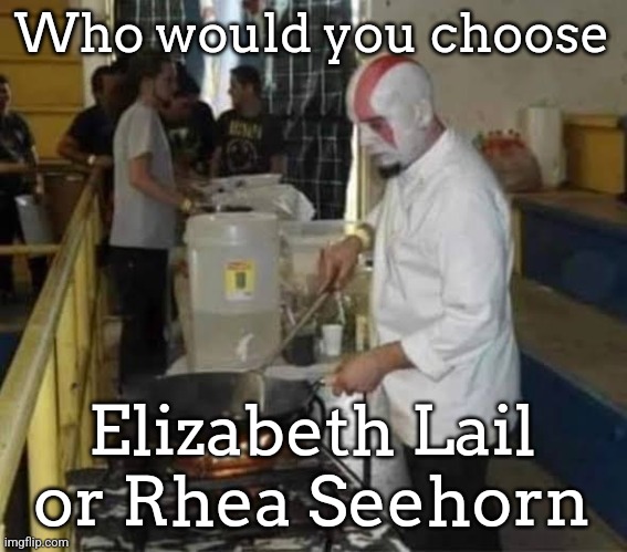 Kratos cooking | Who would you choose; Elizabeth Lail or Rhea Seehorn | image tagged in kratos cooking | made w/ Imgflip meme maker