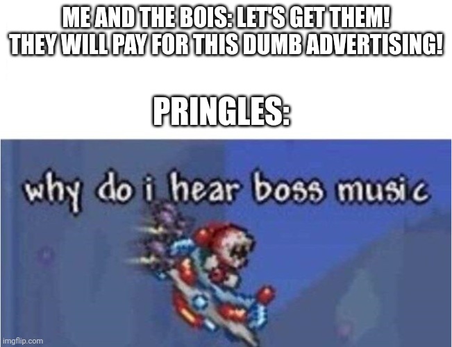 why do i hear boss music | ME AND THE BOIS: LET'S GET THEM! THEY WILL PAY FOR THIS DUMB ADVERTISING! PRINGLES: | image tagged in why do i hear boss music | made w/ Imgflip meme maker