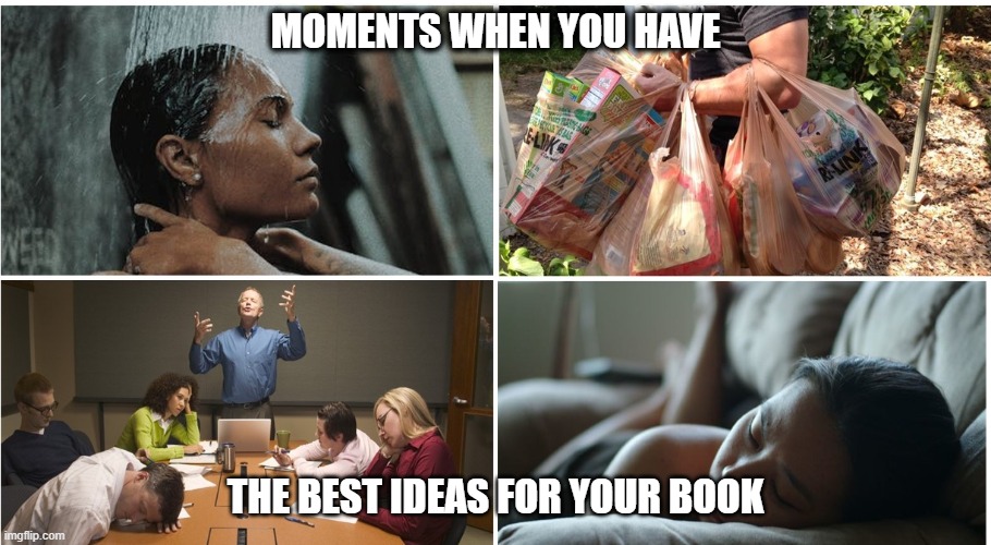 Inspiration | MOMENTS WHEN YOU HAVE; THE BEST IDEAS FOR YOUR BOOK | image tagged in writing | made w/ Imgflip meme maker