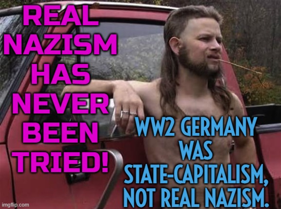 WW2 Germany was State-Capitalism! | REAL
NAZISM
HAS
NEVER
BEEN
TRIED! WW2 GERMANY WAS STATE-CAPITALISM, NOT REAL NAZISM. | image tagged in almost politically correct redneck red neck | made w/ Imgflip meme maker