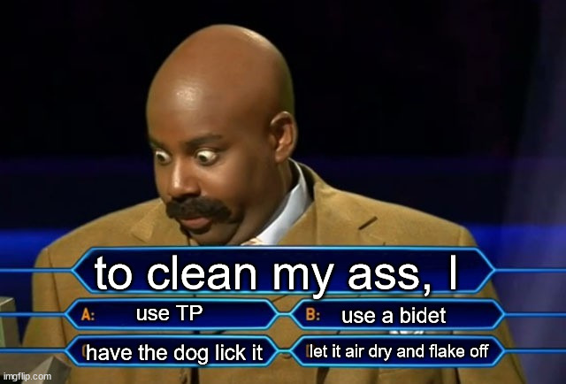 Who wants to be a millionaire? | to clean my ass, I use TP have the dog lick it let it air dry and flake off use a bidet | image tagged in who wants to be a millionaire | made w/ Imgflip meme maker