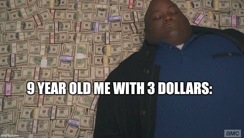 Fat guy laying on money | 9 YEAR OLD ME WITH 3 DOLLARS: | image tagged in fat guy laying on money | made w/ Imgflip meme maker