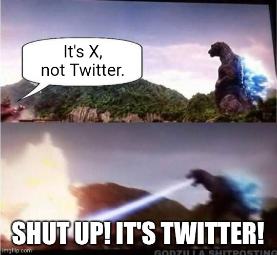 Twitter vs. X meme | It's X, not Twitter. SHUT UP! IT'S TWITTER! | image tagged in godzilla hates x | made w/ Imgflip meme maker