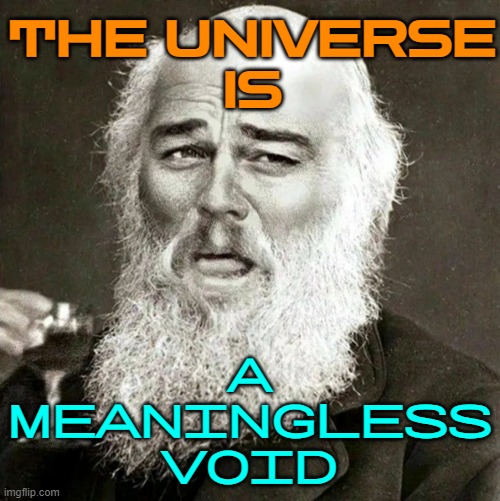 The Universe Is A Meaningless Void | THE UNIVERSE
IS; A
MEANINGLESS
VOID | image tagged in laughing leonardo decaprio django darwin,evolution,science,charles darwin,human evolution,anti-religion | made w/ Imgflip meme maker