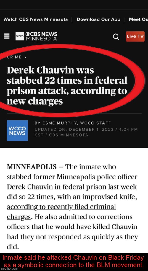 Inmate said he attacked Chauvin on Black Friday 
as a symbolic connection to the BLM movement. | image tagged in politics,derek chauvin,stabbing,inmate,george floyd,police officer | made w/ Imgflip meme maker
