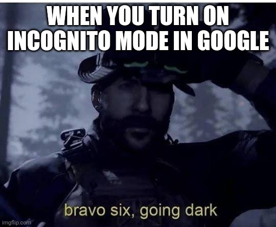 Google incognito mode be like | WHEN YOU TURN ON INCOGNITO MODE IN GOOGLE | image tagged in bravo six going dark | made w/ Imgflip meme maker