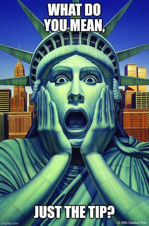 Scared Lady Liberty | WHAT DO YOU MEAN, JUST THE TIP? | image tagged in scared lady liberty | made w/ Imgflip meme maker