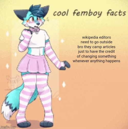 cool femboy facts | wikipedia editors need to go outside bro they camp articles just to have the credit of changing something whenever anything happens | image tagged in cool femboy facts | made w/ Imgflip meme maker