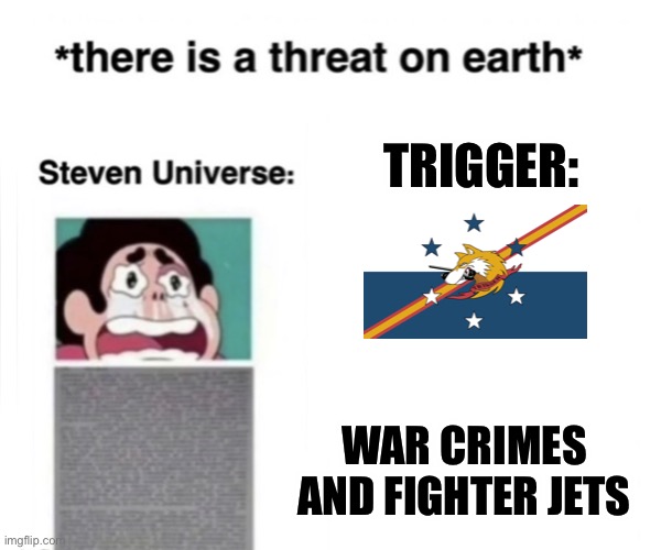 *There is a threat on earth* | TRIGGER:; WAR CRIMES AND FIGHTER JETS | image tagged in there is a threat on earth,ace combat,war crimes,memes,operator bravo | made w/ Imgflip meme maker