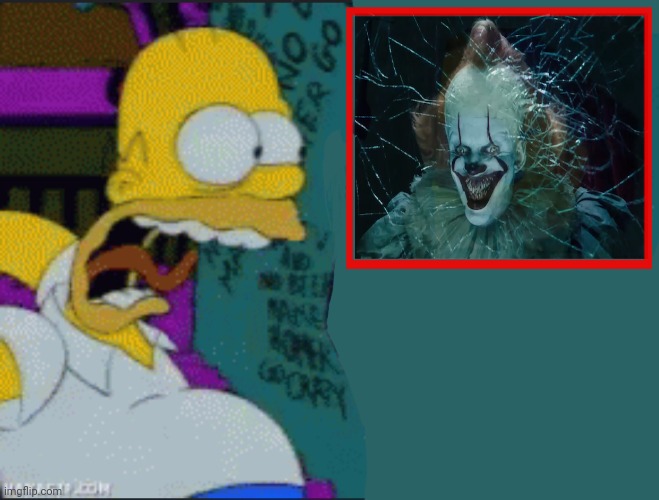 Homer Simpson TERRIFIED seeing Pennywise in mirror reflection | image tagged in homer simpson,pennywise,terrified,screaming,mirror,memes | made w/ Imgflip meme maker