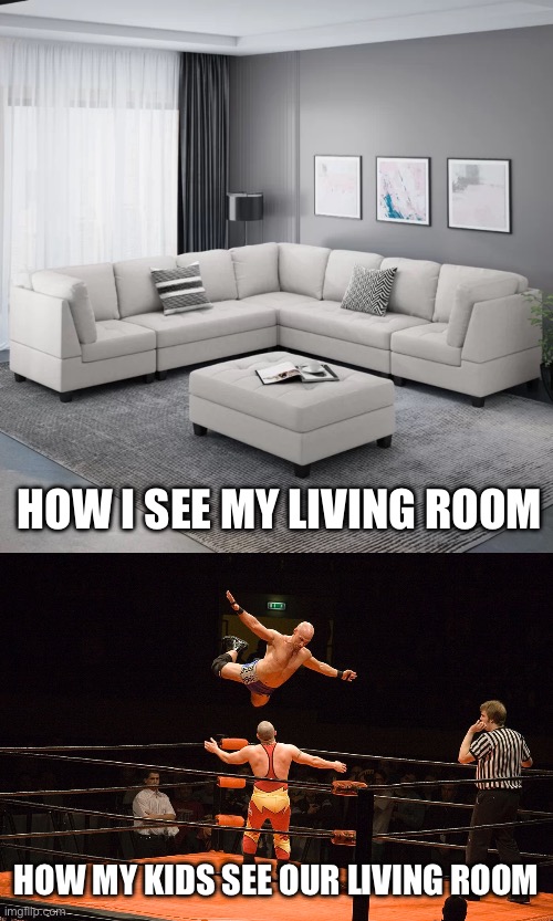 HOW I SEE MY LIVING ROOM; HOW MY KIDS SEE OUR LIVING ROOM | image tagged in parenting | made w/ Imgflip meme maker