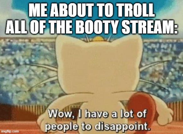 Meowth wow I have a lot of people to disappoint | ME ABOUT TO TROLL ALL OF THE BOOTY STREAM: | image tagged in meowth wow i have a lot of people to disappoint,booty | made w/ Imgflip meme maker