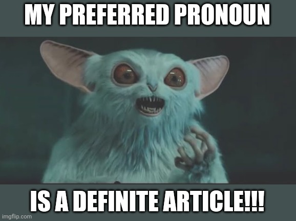 Meep | MY PREFERRED PRONOUN; IS A DEFINITE ARTICLE!!! | image tagged in meep | made w/ Imgflip meme maker