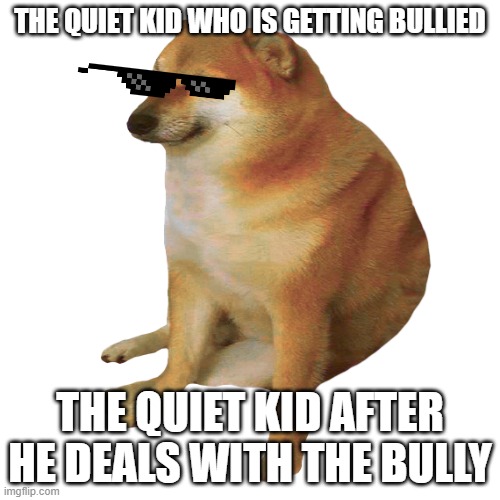 cheems | THE QUIET KID WHO IS GETTING BULLIED; THE QUIET KID AFTER HE DEALS WITH THE BULLY | image tagged in cheems | made w/ Imgflip meme maker