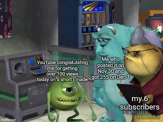 ._. | Me who posted it on Nov 30 and got 255 on Dec 1; YouTube congratulating me for getting over 100 views today on a short I made; my 6 subscribers | image tagged in mike wazowski trying to explain | made w/ Imgflip meme maker