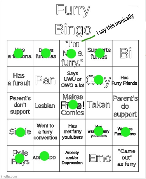 This bingo template is a little wrong. | I say this ironically | image tagged in furry bingo | made w/ Imgflip meme maker