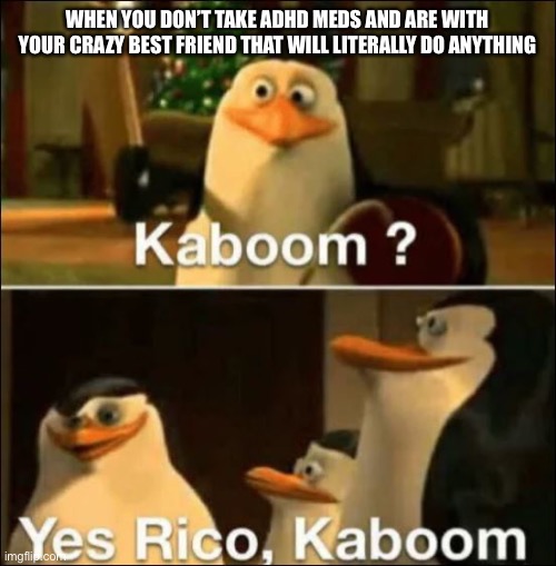 Kaboom? Yes rico kaboom | WHEN YOU DON’T TAKE ADHD MEDS AND ARE WITH YOUR CRAZY BEST FRIEND THAT WILL LITERALLY DO ANYTHING | image tagged in kaboom yes rico kaboom | made w/ Imgflip meme maker