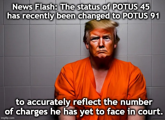 Trump's Legal Status | News Flash: The status of POTUS 45   has recently been changed to POTUS 91; to accurately reflect the number of charges he has yet to face in court. | image tagged in donald trump,potus45,nevertrump meme,donald trump approves,maga,donald trump you're fired | made w/ Imgflip meme maker