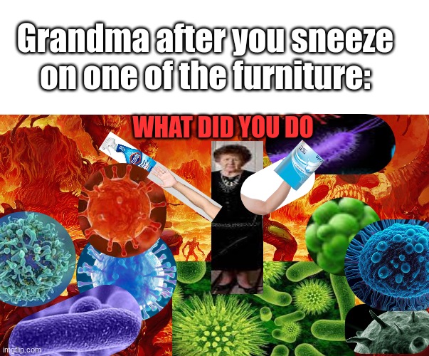 this basically just happened to me :< | Grandma after you sneeze on one of the furniture:; WHAT DID YOU DO | image tagged in blank white template,doomguy,truth | made w/ Imgflip meme maker