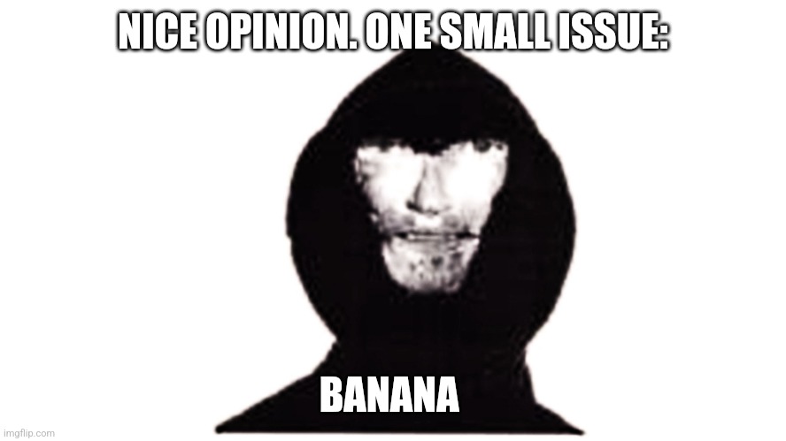 nice opinion | NICE OPINION. ONE SMALL ISSUE:; BANANA | image tagged in nice opinion | made w/ Imgflip meme maker