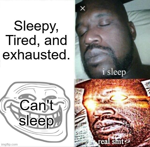 This happens to me all the time. | Sleepy, Tired, and exhausted. Can't sleep | image tagged in memes,sleeping shaq,relatable memes | made w/ Imgflip meme maker