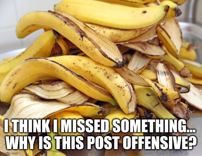 . | I THINK I MISSED SOMETHING... 
WHY IS THIS POST OFFENSIVE? | image tagged in banana peels | made w/ Imgflip meme maker