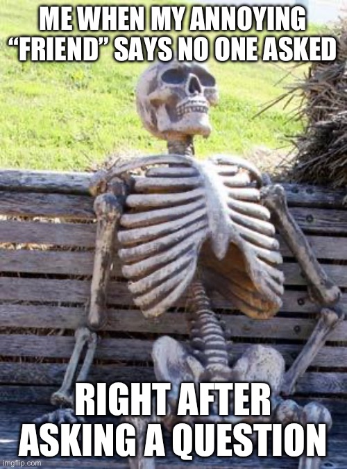gahhhh | ME WHEN MY ANNOYING “FRIEND” SAYS NO ONE ASKED; RIGHT AFTER ASKING A QUESTION | image tagged in memes,waiting skeleton | made w/ Imgflip meme maker