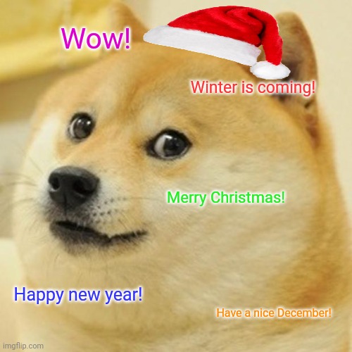 Doge | Wow! Winter is coming! Merry Christmas! Happy new year! Have a nice December! | image tagged in memes,doge,xmas | made w/ Imgflip meme maker