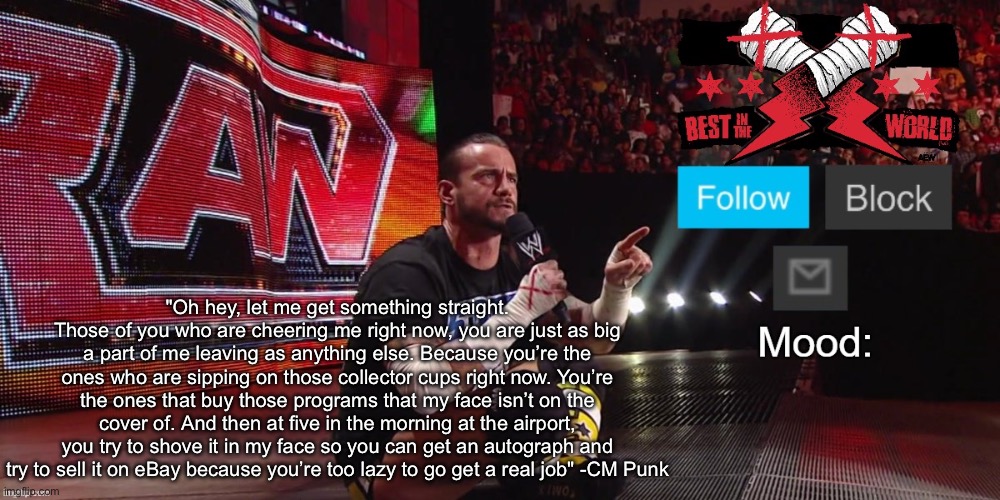 "Oh hey, let me get something straight. Those of you who are cheering me right now, you are just as big a part of me leaving as anything else. Because you’re the ones who are sipping on those collector cups right now. You’re the ones that buy those programs that my face isn’t on the cover of. And then at five in the morning at the airport, you try to shove it in my face so you can get an autograph and try to sell it on eBay because you’re too lazy to go get a real job" -CM Punk | made w/ Imgflip meme maker