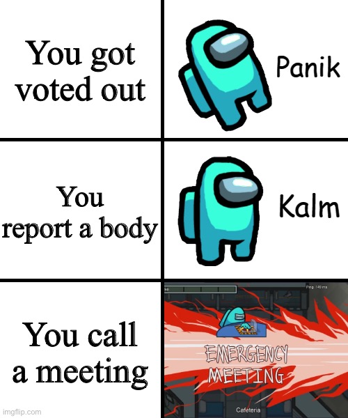 Among Us Meeting Meme | You got voted out; You report a body; You call a meeting | image tagged in panik kalm panik among us version,among us | made w/ Imgflip meme maker