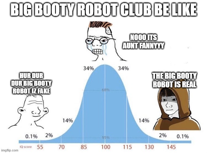 big booty robot is real | BIG BOOTY ROBOT CLUB BE LIKE; NOOO ITS AUNT FANNYYY; THE BIG BOOTY ROBOT IS REAL; HUR DUR DUR BIG BOOTY ROBOT IZ FAKE | image tagged in bell curve | made w/ Imgflip meme maker