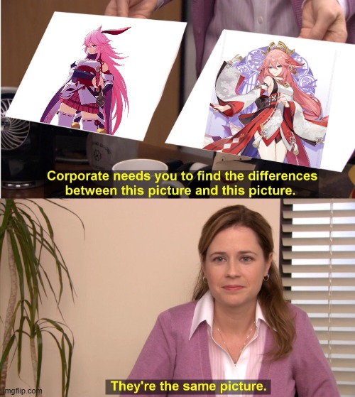 Yae Sakura vs Yae Miko | image tagged in memes,they're the same picture | made w/ Imgflip meme maker