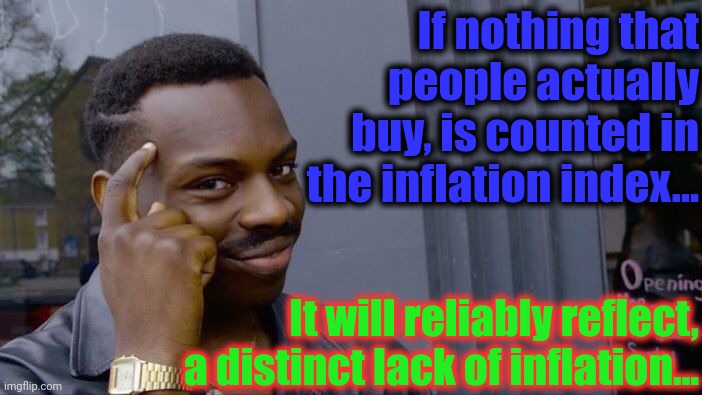 Roll Safe Think About It Meme | If nothing that people actually buy, is counted in the inflation index... It will reliably reflect, a distinct lack of inflation... | image tagged in memes,roll safe think about it | made w/ Imgflip meme maker