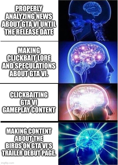 Kotaku’s Strategy | PROPERLY ANALYZING NEWS ABOUT GTA VI UNTIL THE RELEASE DATE; MAKING CLICKBAIT LORE AND SPECULATIONS ABOUT GTA VI. CLICKBAITING GTA VI GAMEPLAY CONTENT; MAKING CONTENT ABOUT THE BIRDS ON GTA VI’S TRAILER DEBUT PAGE. | image tagged in memes,expanding brain,gta,grand theft auto | made w/ Imgflip meme maker