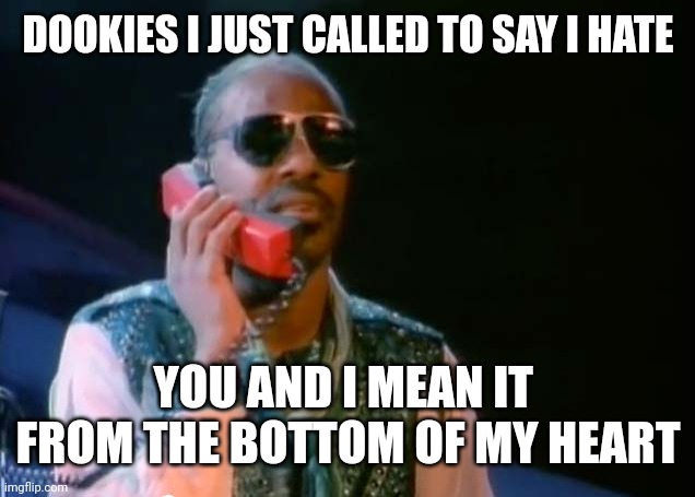 stevie-wonder-i-just-called-to-say-i-love-you | DOOKIES I JUST CALLED TO SAY I HATE; YOU AND I MEAN IT  FROM THE BOTTOM OF MY HEART | image tagged in stevie-wonder-i-just-called-to-say-i-love-you,duke basketball,ncaa,rivalry | made w/ Imgflip meme maker