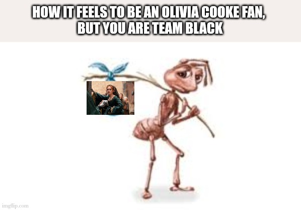 How it feels | HOW IT FEELS TO BE AN OLIVIA COOKE FAN, 
BUT YOU ARE TEAM BLACK | image tagged in how it feels,house of the dragon | made w/ Imgflip meme maker