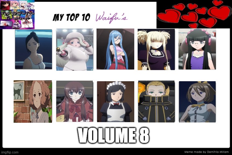 top 10 waifus volume 8 | VOLUME 8 | image tagged in top 10 waifus,waifu,persona 5,pokemon,millennial,anime | made w/ Imgflip meme maker