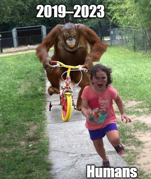 Happy Nuked Years...! #DanknessPreservations | 2019–2023; Humans | image tagged in orangutan chasing girl on a tricycle,dank meme,happy new year,holiday memage,resolutions,running from progress | made w/ Imgflip meme maker