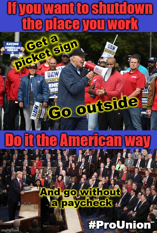 The American Way - Pro Union | If you want to shutdown
the place you work; Get a picket sign; Go outside; Do it the American way; And go without
 a paycheck; #ProUnion | image tagged in union,patriots,congress,strike | made w/ Imgflip meme maker