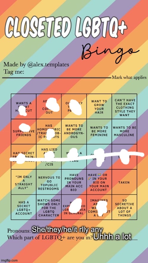 Closeted LGBTQ+ Bingo | She/they/he/it rlly any; Uhhh a lot | image tagged in closeted lgbtq bingo | made w/ Imgflip meme maker