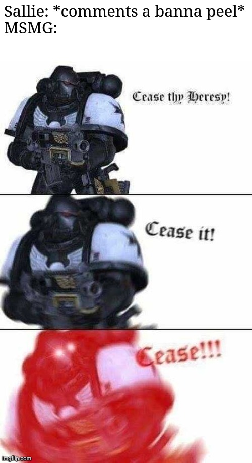 Cease your heresy | Sallie: *comments a banna peel*
MSMG: | image tagged in cease your heresy,frost | made w/ Imgflip meme maker