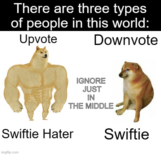 I'm gonna upvote my own thing. | There are three types of people in this world:; Upvote; Downvote; IGNORE
 JUST IN THE MIDDLE; Swiftie Hater; Swiftie | image tagged in memes,buff doge vs cheems | made w/ Imgflip meme maker