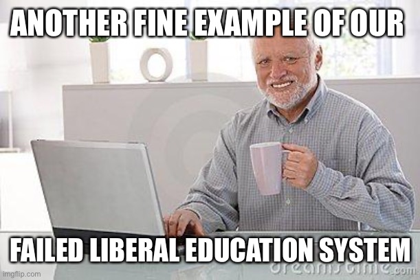 Hide the pain harold smile | ANOTHER FINE EXAMPLE OF OUR FAILED LIBERAL EDUCATION SYSTEM | image tagged in hide the pain harold smile | made w/ Imgflip meme maker