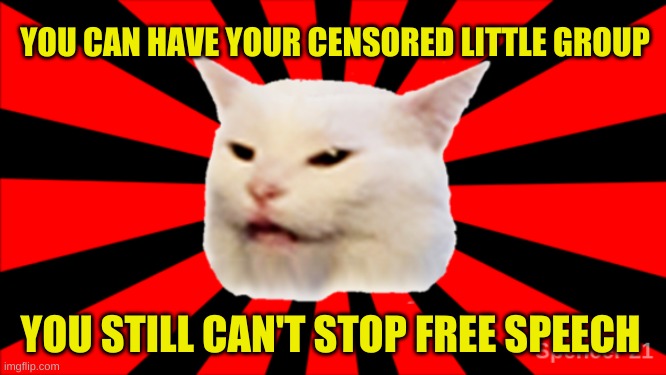 Starburst Smudge | YOU CAN HAVE YOUR CENSORED LITTLE GROUP YOU STILL CAN'T STOP FREE SPEECH | image tagged in starburst smudge,smudge the cat,censorship,free speech | made w/ Imgflip meme maker